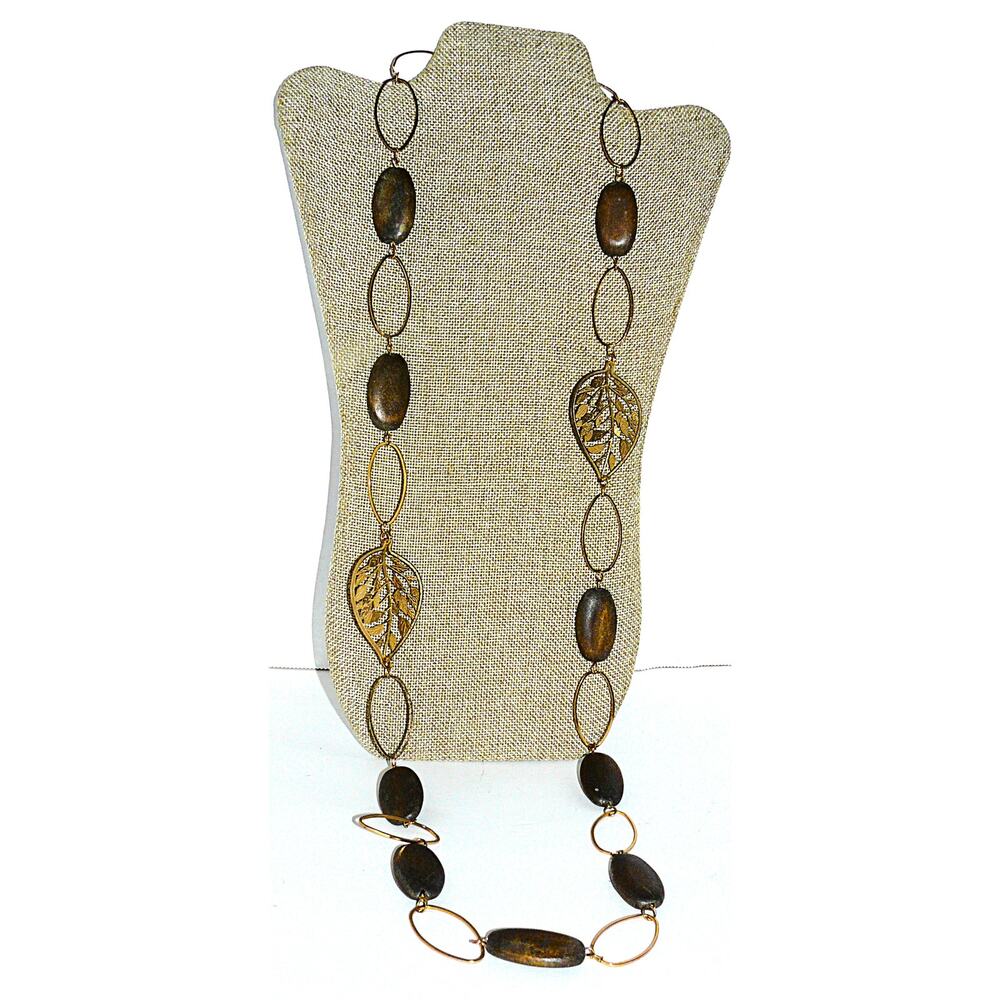 Long 44" Statement Necklace Genuine Wood Beads Gold-Tone Leaf Charms Boho Chic